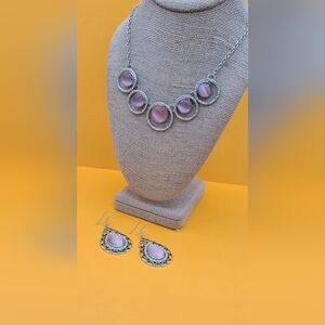 Silver-Tone Pink Cat's Eye Cabochon Circle Necklace and Earrings Set